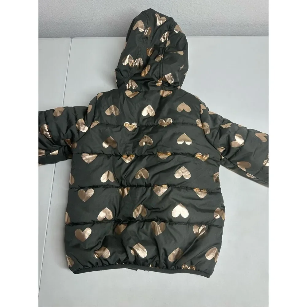 Carter's Puffer Coat Gold Hearts Print Size 4T Brown Pink See Description